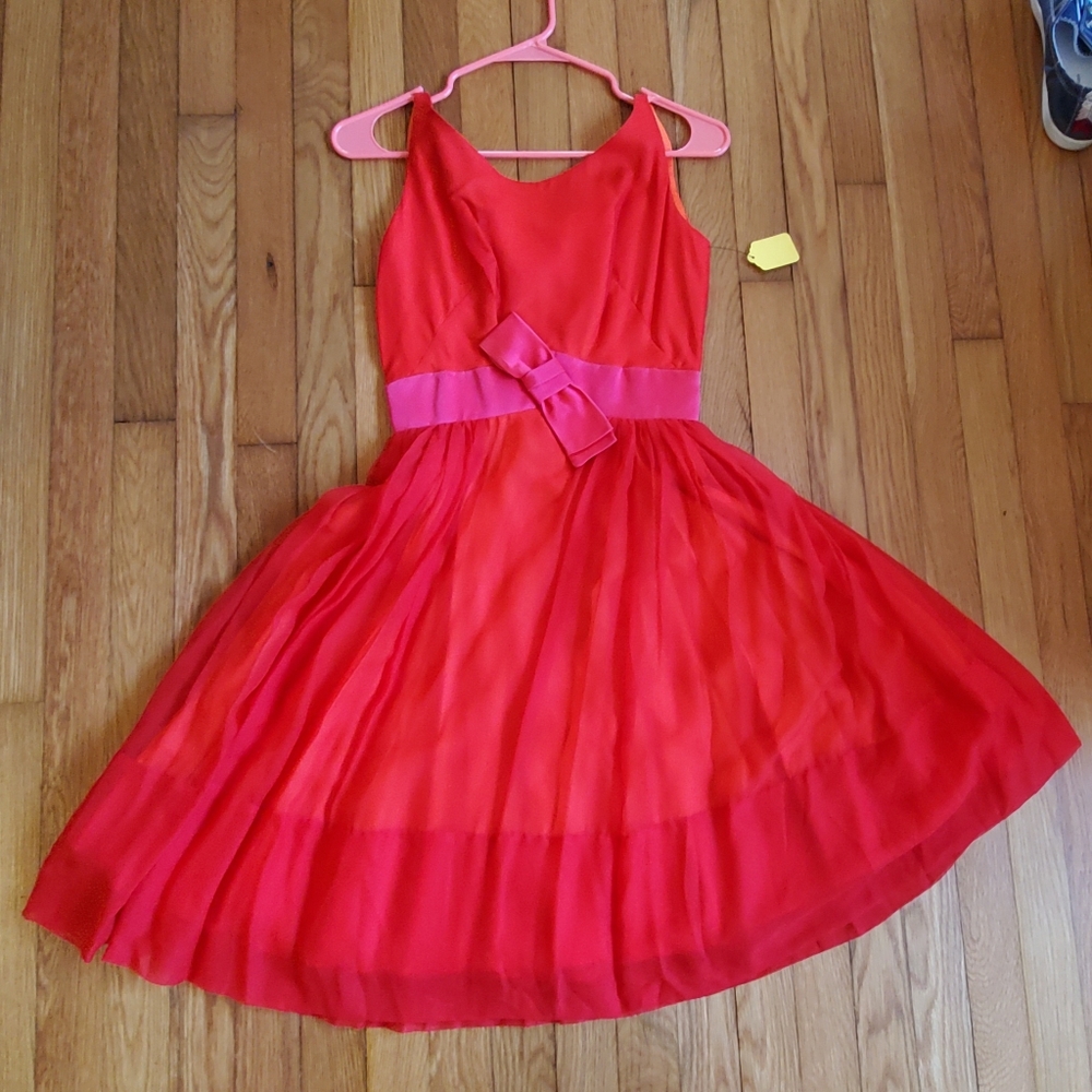 Red silky retro 1950s swing cocktail dress with pink waistband